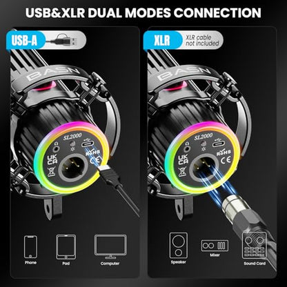 BASN USB/XLR SL2000 Dynamic Microphone and Bsinger 2nd Generation Dual Dynamic Drivers in Ear Monitor Headphones Set for Podcast, Live Streaming, Gaming Recording