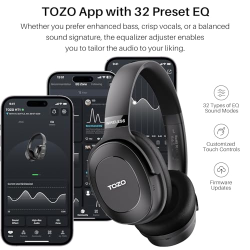 TOZO Hybrid Active Noise Cancelling Headphones, Wireless Over Ear Bluetooth Headset, 40H Playtime, Hi-Res Audio Custom EQ via App Deep Bass Comfort Fit Ear Cups, for Home Office Travel Black - color: Glossy Black