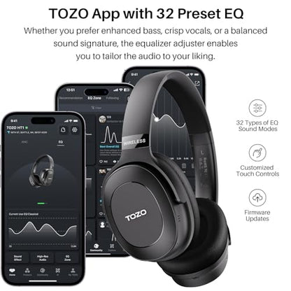 TOZO Hybrid Active Noise Cancelling Headphones, Wireless Over Ear Bluetooth Headset, 40H Playtime, Hi-Res Audio Custom EQ via App Deep Bass Comfort Fit Ear Cups, for Home Office Travel Black - color: Glossy Black