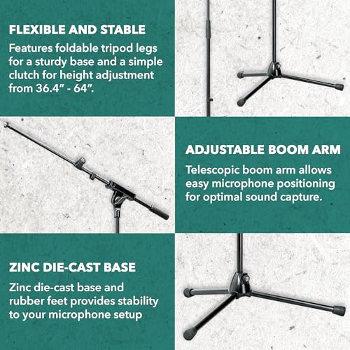 K&M Konig & Meyer 21080.500.55 Tripod Microphone Stand w/Telescoping Boom | Clutch Height Adjustment | Soft-Touch Lock | Folding Leg Design | Zinc Die-Cast Base | German Made | Black - color: Black