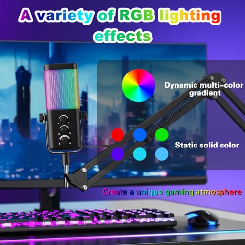 M7 USB Gaming Microphone with Boom Arm - Professional RGB Condenser Mic for PC/PS5 - Triple-Knob Control (Mic Gain, Headphone Vol, Monitor Mix) - Zero Latency Streaming Kit Mic Black - color: M7 arm stand