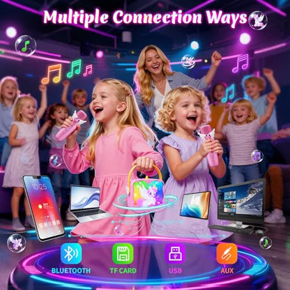 Unicorn Karaoke Machine with Wings & Castle Lights,2 Gem Wireless Microphones&5 Magic Voice,Portable Mini Bluetooth Speaker,Singing Toy Birthday Gift for 3 4 5 6 7 8 9 10 11 12 Year Old Girls Age 3-12