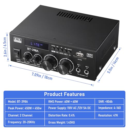 Facmogu BT-398A 스테레오 디지털 오디오 앰프, 최대 450Wx2 HiFi 사운드 오디오 파워 앰프 시스템, 홈 시어터 차고용 2.0 채널 수신기 앰프, 섬유/구리 잭 포함, USB/SD/AUX/RCA/MIC in 에코 포함 - style: 최대 450Wx2