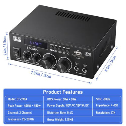 Facmogu BT-398A 스테레오 디지털 오디오 앰프, 최대 450Wx2 HiFi 사운드 오디오 파워 앰프 시스템, 홈 시어터 차고용 2.0 채널 수신기 앰프, 섬유/구리 잭 포함, USB/SD/AUX/RCA/MIC in 에코 포함 - style: 최대 450Wx2