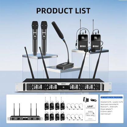 Debra Pro 8-Channel UHF Wireless Microphone System – Auto Pairing, LED Display, 260ft Long Range, Includes Headset & Lavalier Mics for Conference, Church, DJ, Karaoke(8 Bodypack) - color: 8 Bodypack