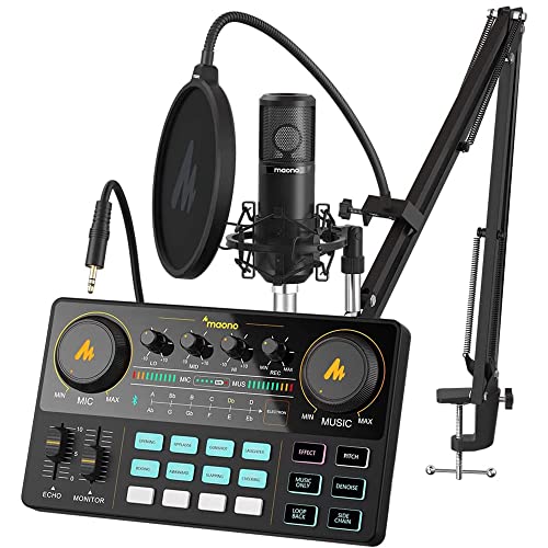 MAONO Podcast Equipment Bundle with Audio Mixer & 3.5mm Mic for Streaming | All-in-one audio production, PC and smartphone-compatible, 4 custom soundpads, for creators, home podcast setup AU-AM200-S6 - color: AU-AM200-S6 Black