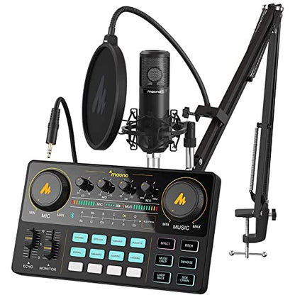 MAONO Podcast Equipment Bundle with Audio Mixer & 3.5mm Mic for Streaming | All-in-one audio production, PC and smartphone-compatible, 4 custom soundpads, for creators, home podcast setup AU-AM200-S6 - color: AU-AM200-S6 Black