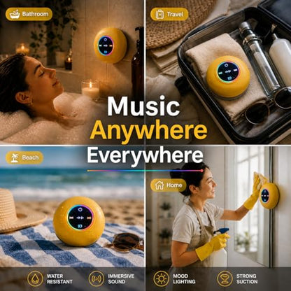 Bluetooth Shower Speaker with LED – Portable Wireless Mini Speaker with Mic & Suction Cup, IPX4 Water Resistant for Shower, Travel, Pool, River Floating, and Outdoor Fun (Yellow) - color: Yellow