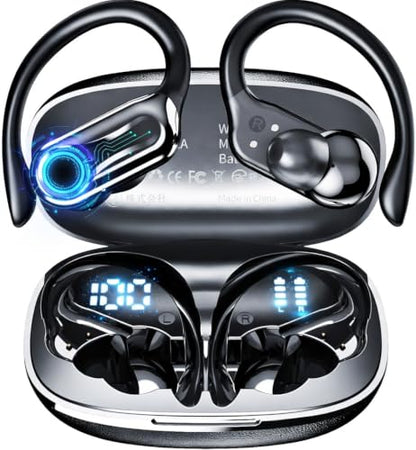 Wireless Earbuds, Bluetooth Headphones 6.1, 90H Playtime Ear Buds with Hooks for Sports, Dual LED Display Earphones IPX7 Waterproof for Gym/Runing/Workout
