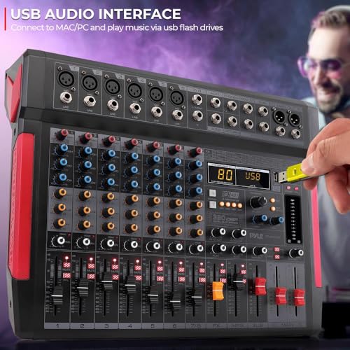 Pyle Professional 8 Channel Audio Mixer - DJ Sound Controller w/ Bluetooth Wireless, 6 XLR Mic/Line Input, DSP Effects, USB-A Input, PC Recording, MP3 Player, LED Level Meters, Sub Out - PMX648 - size: 8