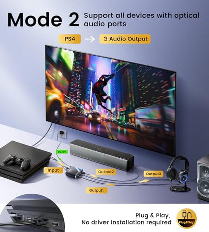 NEWCARE Digital Optical Splitter 1 in 3 Out,SPDIF Toslink Optical Audio Cable Splitter 1x3 Support LPCM2.0 Doldy Digital & DTS 5.1 for Xbox,PS4,PS5,DVD,TV Box,Home Theatre, Receiver,Sound Bar | Split 1 Optical Audio Signal to 3 Devices, Support LPCM2.0 Do