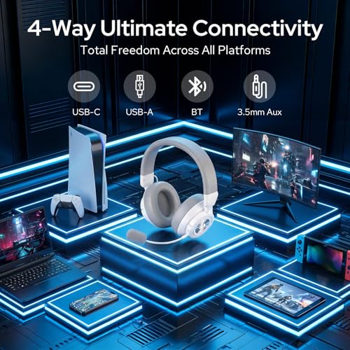 Redragon H889 Wireless Gaming Headset, 4-in-1 (2.4G/BT/USB/3.5mm), 51H Battery & Play-While-Charging, 7.1 Spatial Audio & 53mm Drivers, Detachable Mic, Multi-Platform Headphone for PC/PS5/NS/Mobile - color: White