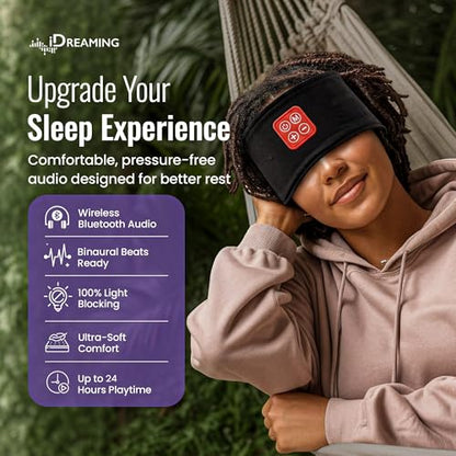 Wireless Binaural Beats Sleep Music Headband Earphones, Black | Earbuds Sleeping Eye Mask Thin HD Stereo Speakers Also for Workout, Running, Travel, Yoga, Ideal Gifts for Men Women Mom Dad - color: BLACK