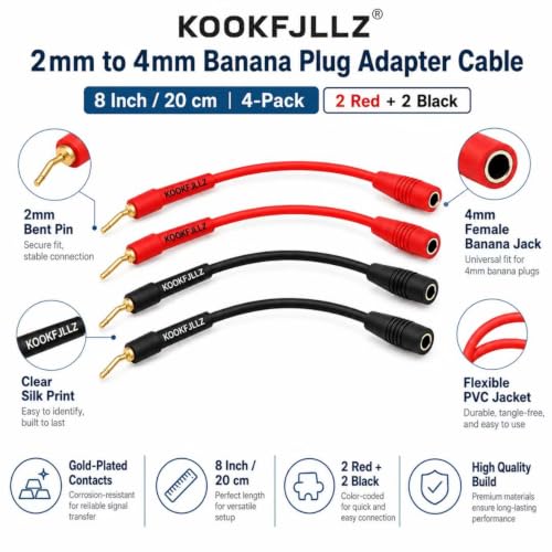 2mm Pin Plug to 4mm Female Banana Jack Adapter, 13AWG OFC Gold Plated Speaker Wire Connector for Spring Loaded Terminals Amplifier Home Theater, 8 Inch (4-Pack)