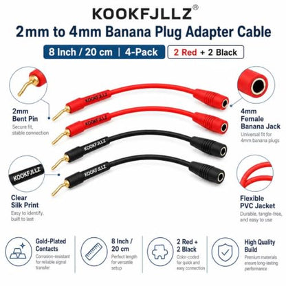 2mm Pin Plug to 4mm Female Banana Jack Adapter, 13AWG OFC Gold Plated Speaker Wire Connector for Spring Loaded Terminals Amplifier Home Theater, 8 Inch (4-Pack)
