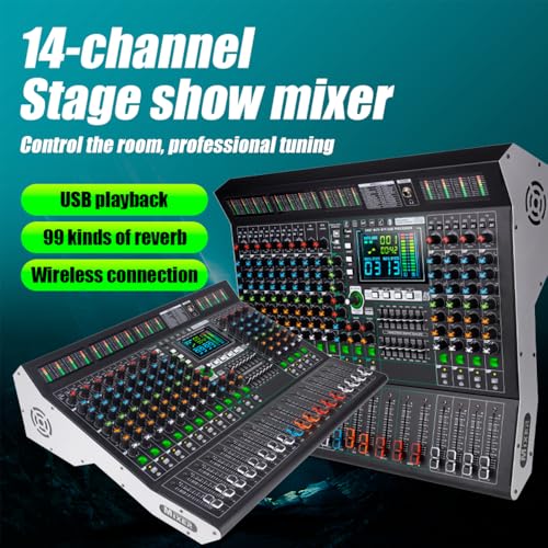 MD-14 14-Channel large-scale Professional Stage DJ Audio Mixer | 99 DSP Effects, LED Display, 48V Power, 9-Band EQ, Bluetooth & USB Playback , Noise Reductio, for Studio, Bar DJ