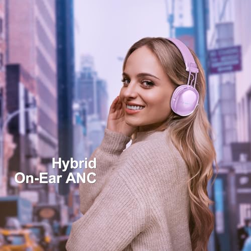 Wireless On-Ear Headphones, Active Noise Cancelling, Bluetooth 5.4, Hi-Res Sound, 55H Playtime, Lightweight and Comfortable, Foldable Design, for Home Office Travel, Purple - color: Purple