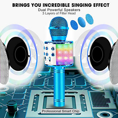 BlueFire 4 in 1 Karaoke Wireless Microphone with LED Lights, Portable Microphone for Kids, Great Toys for Kids, Girls, Boys and Adults (Blue) - color: Blue