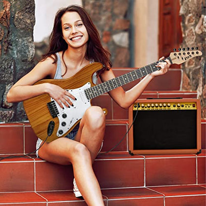 LyxPro 40 Watt Electric Guitar Amplifier | Solid State Studio Amp with 8” 4-Ohm Speaker, Custom EQ Controls, Drive, Delay, ¼” Passive/Active/Microphone Inputs, Aux in & Headphone Jack - Mahogany - color: Mahogany, size: 40 Watt