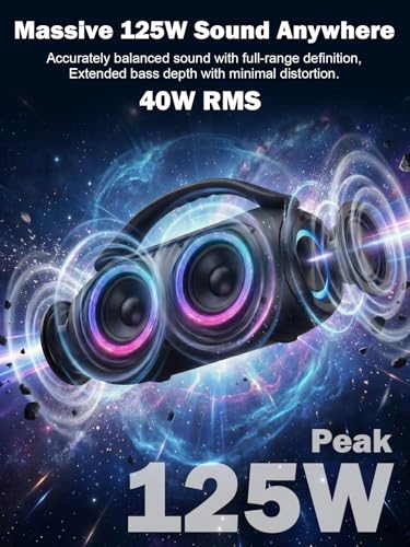 Portable Bluetooth Speaker, 125W Peak, Loud Sound, IPX6 Waterproof | Bluetooth 5.3, 3 EQ Modes, TWS, Power Bank, speakers bluetooth wireless with Lights for Home, Beach, Camping & Tailgating