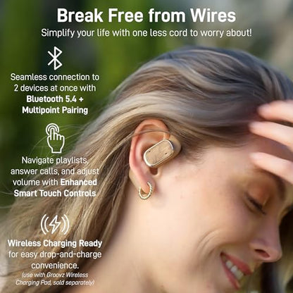 Groovz Open-Ear Plus True Wireless Headphones with Battery Display - Designed & Engineered in the USA - Multi-Point Pairing Bluetooth Open Ear Earbuds Compatible with Apple & Android - Wood Grain - color: Wood Grain