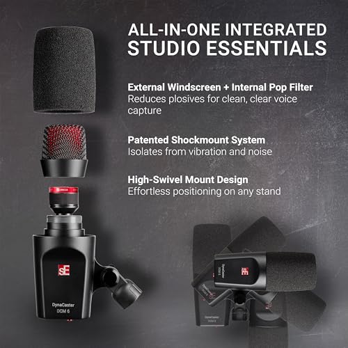 SE ELECTRONICS DynaCaster DCM6 XLR Dynamic Microphone with Built-in Preamp, Shockmount & Pop Filter - Front-Addressed Cardioid Dynamic Mic for Streaming - Voiceover, Broadcasting & Podcast Microphone