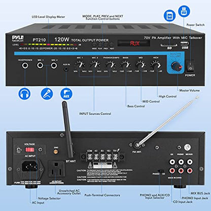 Pyle Home Compact Public Address Mono Amplifier - Professional 120 Watt Home Power Audio Sound PA Speaker Receiver System w/ RCA, Headphone, 2 Microphone Inputs, Independent Volume Control - PT210 - style: Home Compact Mono Amplifier