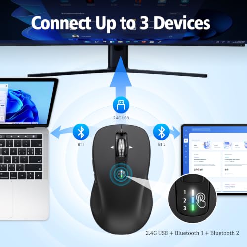CITLLA Wireless Bluetooth Mouse (USB + BT1 + BT2), Full Size, 4-Way Scrolling, Multi-Device Silent Mouse for Computer, Laptop, iPad, MacBook (Black) - color: Black