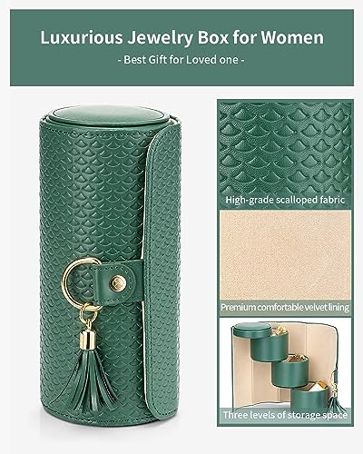 VLANDO Travel Jewelry Organizer, 3 Tier Roll Up Design, Hard Shell Storage | Stepped Sections Compartments Keep Jewelry Visible, Soft Lining Protect Pieces, Snap Closure, Travel Gift for Women Girl - color: Green