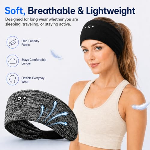 2-Pack Sleep Headphones Bluetooth Headband with Thin Speakers-Black&Gray | Headband Headphones for Sleeping & Sports, No Ear Pressure for Side Sleepers,12-Hour Battery, Works with All Bluetooth Device