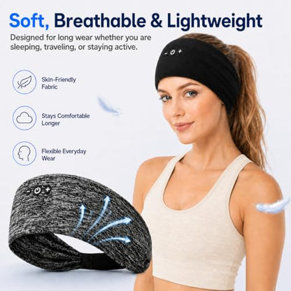 2-Pack Sleep Headphones Bluetooth Headband with Thin Speakers-Black&Gray | Headband Headphones for Sleeping & Sports, No Ear Pressure for Side Sleepers,12-Hour Battery, Works with All Bluetooth Device