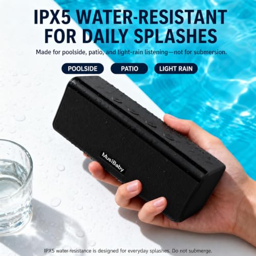 Musibaby M71 Small Portable Bluetooth Speaker, 10W, 24H, IPX5, Black | Rechargeable wireless outdoor speaker with stereo pairing, TF card, USB and AUX for camping, beach, poolside and travel.