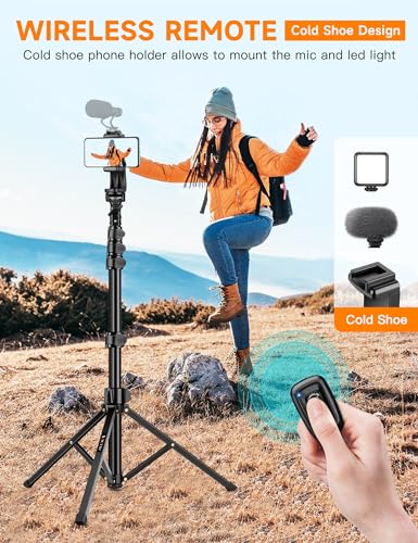 Phone Tripod, 86" Tall Tripod for iPhone with Flexible Gooseneck & Remote, Portable Aluminum Cellphone Stand for Selfies, Video Recording,Travel, Compatible with iPhone Android - size: 86 inch
