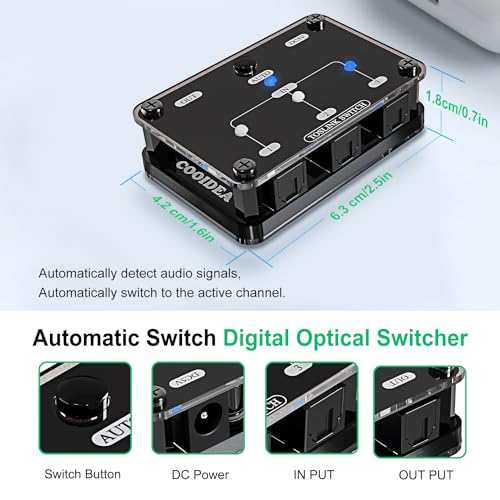 Toslink Automatic Switch Digital Optical Switcher 3 in 1 Out | Supports 192k/24Bit PCM2.0 DTS Dolby-AC3, Compatible with HDTV/Xbox/Blu-Ray Player/PS