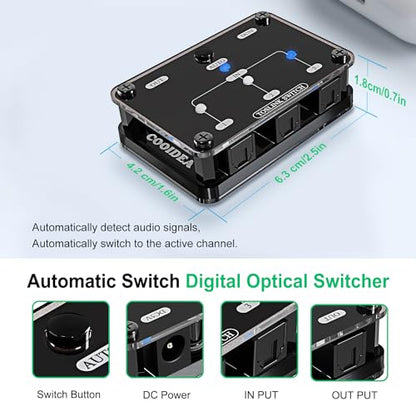 Toslink Automatic Switch Digital Optical Switcher 3 in 1 Out | Supports 192k/24Bit PCM2.0 DTS Dolby-AC3, Compatible with HDTV/Xbox/Blu-Ray Player/PS