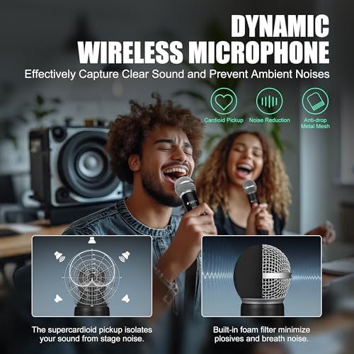 Wireless Microphone for Singing, Karaoke Microphone for Speaker | Dual Handheld Mics with Receiver, 240ft Wireless Range, Plug-and-Play, 8hr Battery Life, USB Recharge - color: Silver