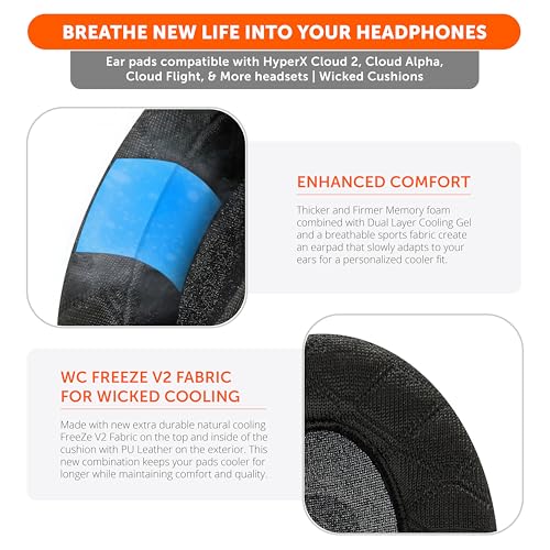 WC Freeze V2 Cloud - Angled Cooling Gel Earpads Compatible with HyperX Cloud Series by Wicked Cushions | Angled Pads for Extreme Comfort, New Freeze V2 Cooling Fabric, Extra Thick | 90's Black - color: 90's Black