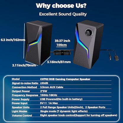 ROSON Computer Speakers, PC Gaming Speakers with Enhanced Bass and Volume Control, Stereo 2.0 USB Powered 3.5mm Aux Multimedia Speakers for Laptop/Desktop/Tablets/Phone