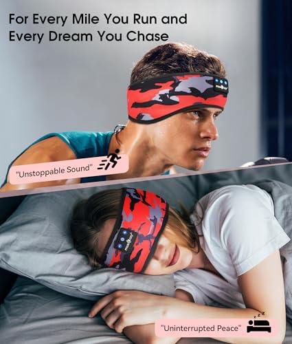 MUSICOZY Bluetooth 5.4 Sleep Headphones Headband Sports Wireless Audio | Earbuds 2 in 1 Design with Breathable Stretch Fabric, HD Stereo Sound Speakers for Workout Yoga Running, Nighttime Sleep Use - color: Black Red