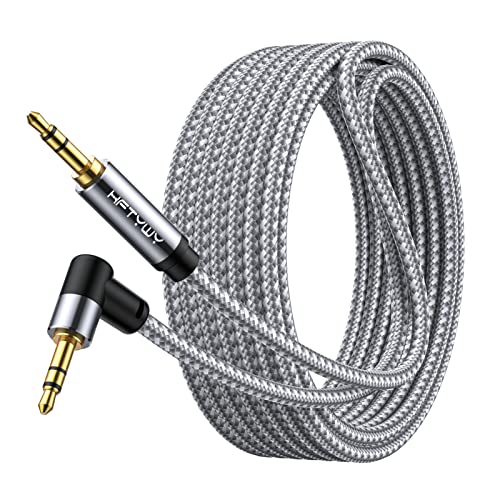 90-Degree Right Angle Aux Cord 15ft, 3.5mm Audio Cable Nylon Braided, Hi-Fi Stereo Sound for Car Stereo, Headphones, Speakers, Desktop Gaming - No Bulk, No Strain - size: 15 ft