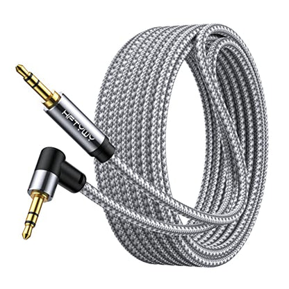 90-Degree Right Angle Aux Cord 15ft, 3.5mm Audio Cable Nylon Braided, Hi-Fi Stereo Sound for Car Stereo, Headphones, Speakers, Desktop Gaming - No Bulk, No Strain - size: 15 ft