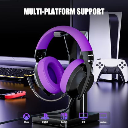WIRWTRU Wired Gaming Headset for PS5, Xbox, Xbox Series X|S, PC, PS4 | 198g Lightweight Design, Noise Cancelling Microphone, Soft Earmuffs, 3.5mm Jack for Gaming & Work - color: Black&Purple
