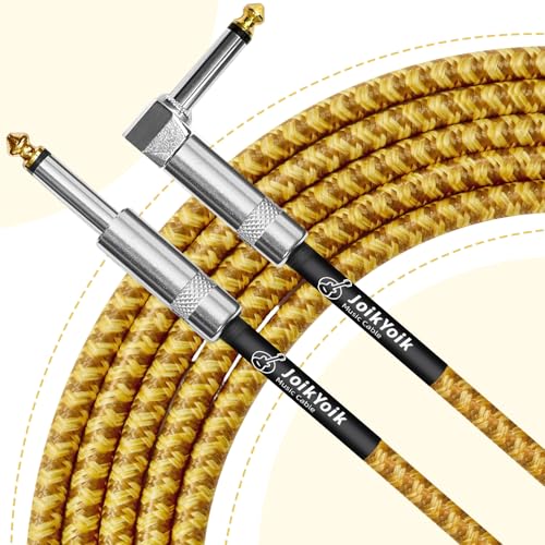 Guitar Cable 15ft 2-Pack, Tweed Cloth Braided Instrument Cable, TS 1/4 Inch Angled to Straight, for Electric Guitar/Bass/Amp, Yellow & Brown - color: Yellow, size: 15ft