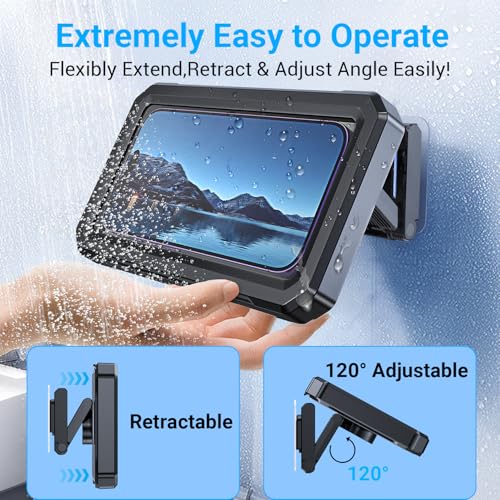 Coolpow Shower Phone Holder Waterproof【480°Rotatable】Retractable Adjustable Shower Phone Case Shower Stall Accessories for Bathroom Wall Phone Mount Stand Water Proof Anti Fog Case for 4-7"Cellphones - color: Black