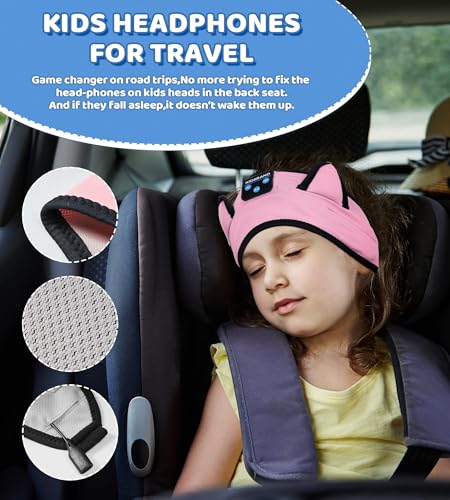 KIDSBAND Kids Headphones, Bluetooth Headphones for Kids with Wired Playback 3.5 MM Jack for School,Foldable Cat Ear Headset for Girls Boys Children,Kindle Tablet Cellphones Airplane Travel - color: Pink