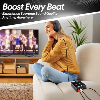 TNP Portable 3.5mm Headphone Amplifier with RCA Input, Volume Control | Inline Headphone Amp with 3.5mm and 6.35mm Outputs, 5V Power Adapter, and Analog Knob for Pc and Home Audio
