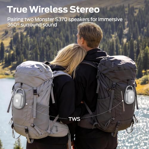 Monster S370 Ultra-Portable Bluetooth Speaker with Integrated Carabiner Clip, IPX7 Waterproof, 29H Playtime, Bluetooth 6.0, TWS Pair Clip-On Speaker for Outdoor, Hiking, Beach, Shower & Travel, Grey