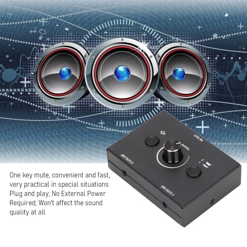 3.5mm Stereo Audio Switcher Bidirectional 2 in 1 Out or 1 in 2 Out Manual Selector Box with Mute Button Plug and Play for Speakers and Headphones