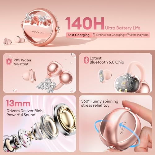 PAXA 3 in 1 Ctbuds Stylish Jewelry-Style Clip on Open Ear Headphones Wireless Earbuds, Instant Earring Mode, Ultra-Long 140H Play, Bluetooth 6.0, All-Day Wear for Work Fitness Daily Use, Rose Gold - color: G-Rose Gold-Butterfly Earring