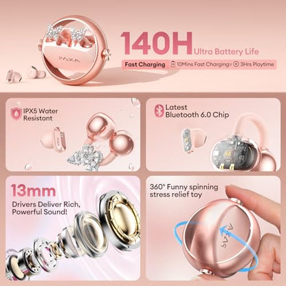 PAXA 3 in 1 Ctbuds Stylish Jewelry-Style Clip on Open Ear Headphones Wireless Earbuds, Instant Earring Mode, Ultra-Long 140H Play, Bluetooth 6.0, All-Day Wear for Work Fitness Daily Use, Rose Gold - color: G-Rose Gold-Butterfly Earring